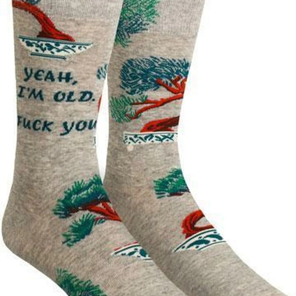 Blue Q Gray Socks with Red and Green Tree Design
